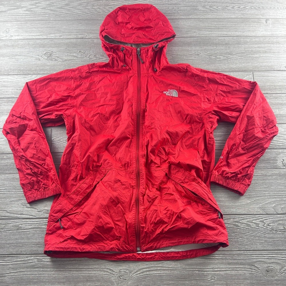 The North Face Mens Red Rain Jacket Hooded Full Zip Nylon Windbreaker Large